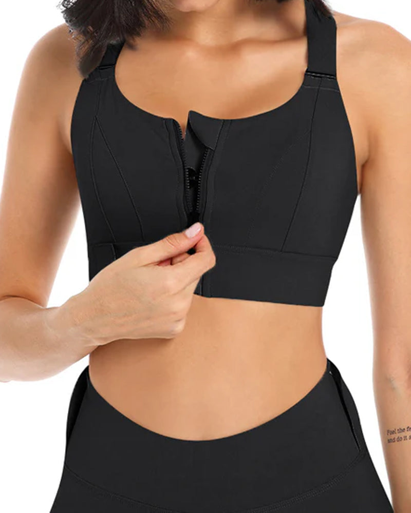 Women's Zipper Front High-Strength Support Adjustable Straps Cross Back Short Fitness Sports Bra