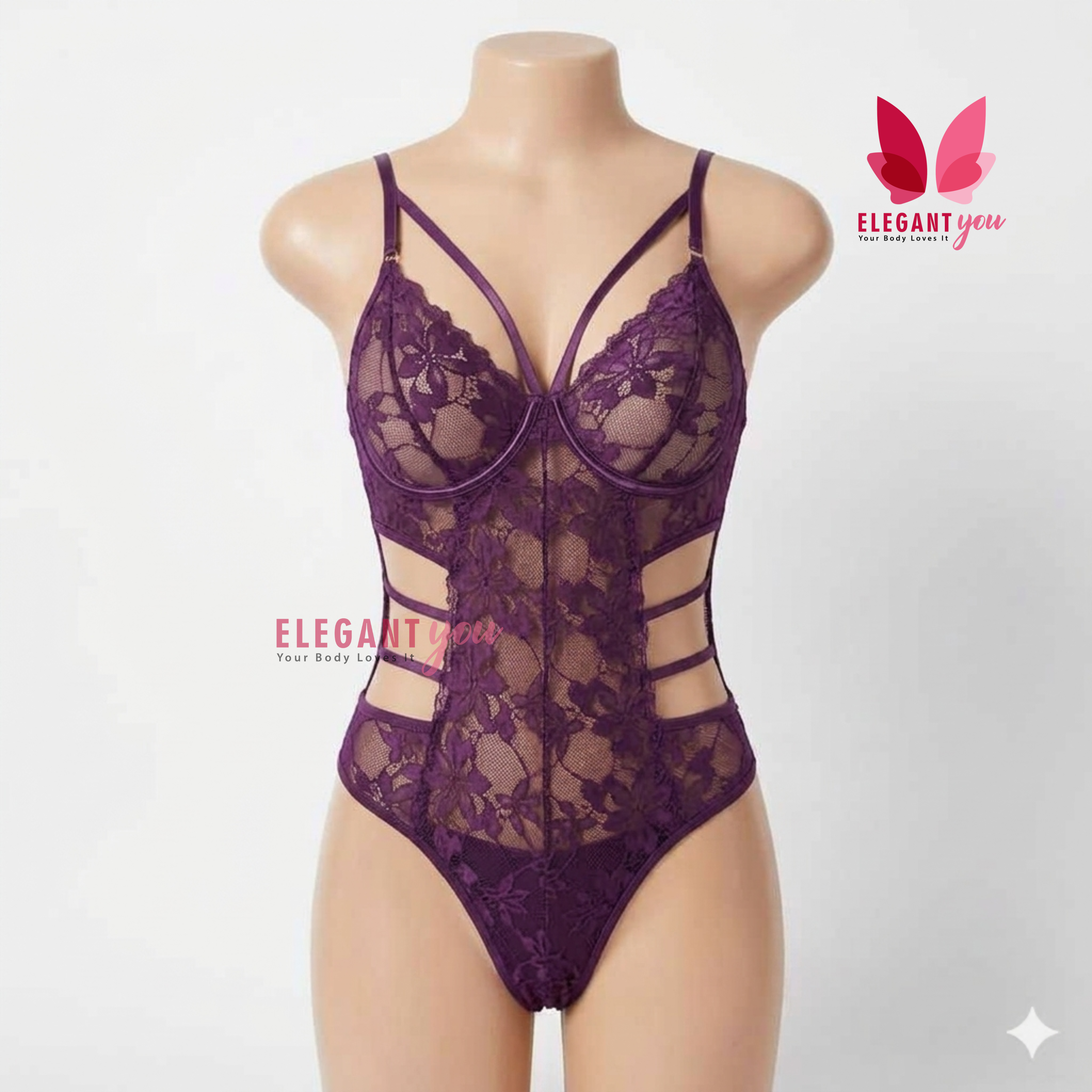 (34-40)Lacy Mesh Cut-out See-Through Body-Suit (2029)