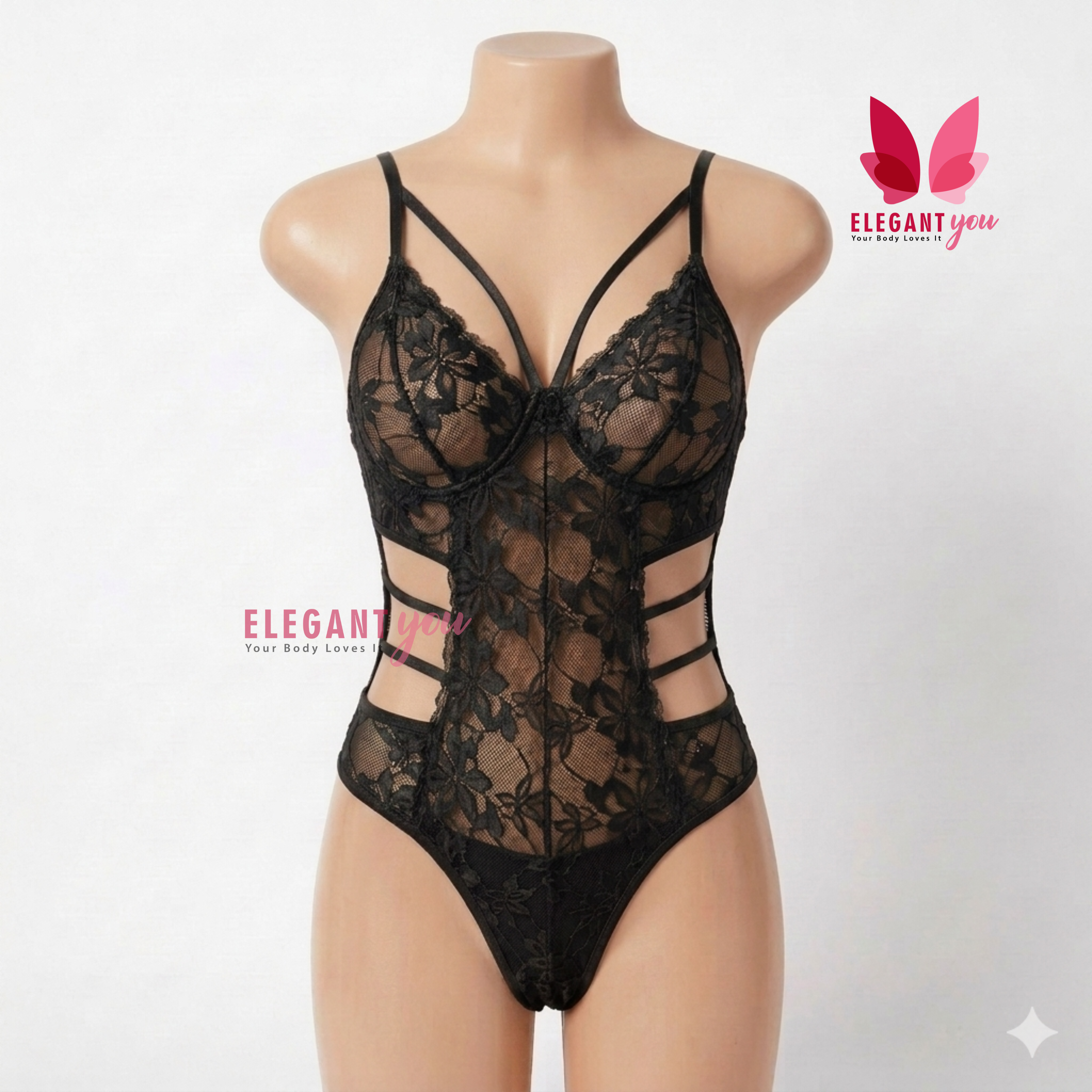 (34-40)Lacy Mesh Cut-out See-Through Body-Suit (2029)