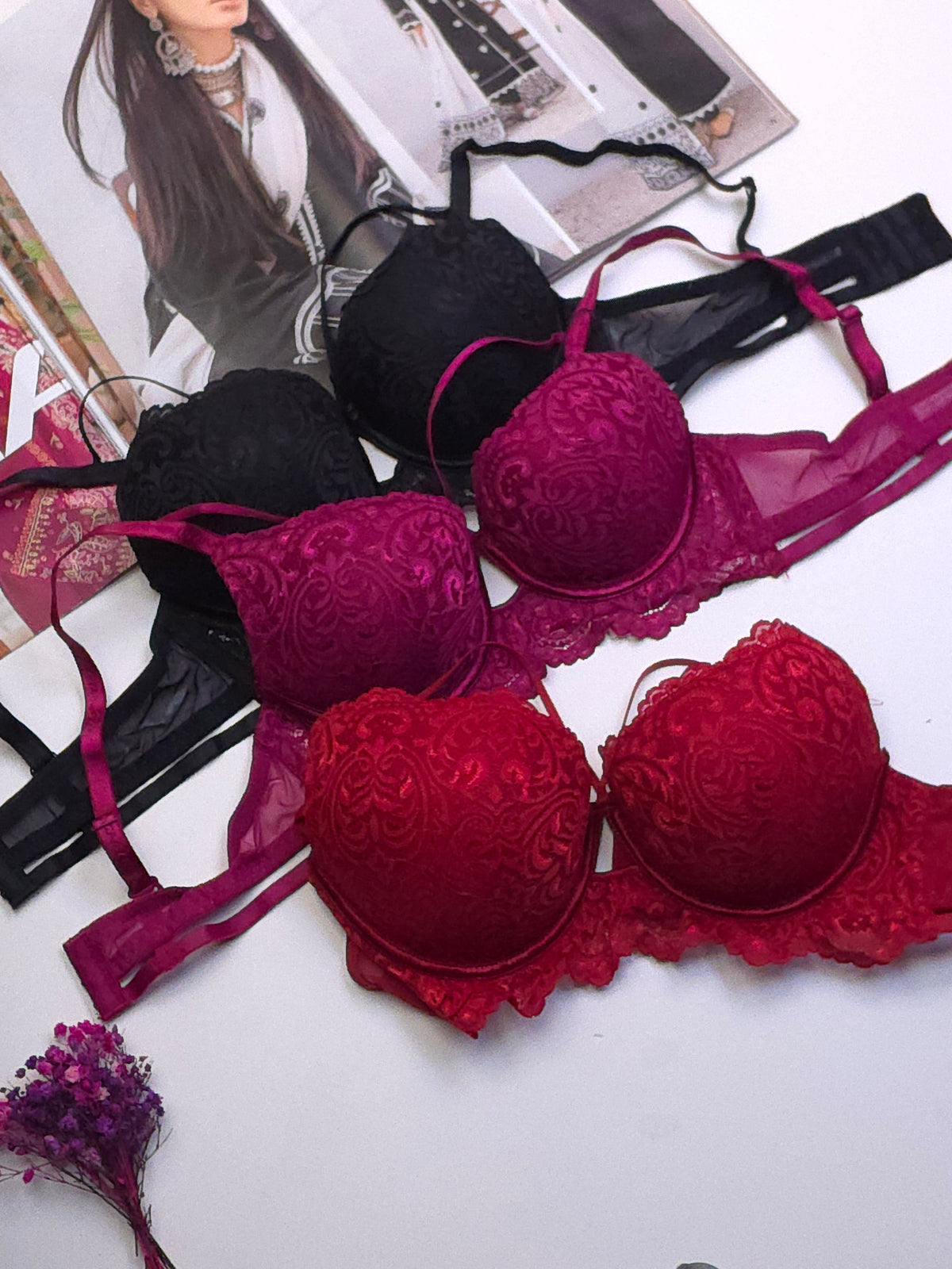 (34-40)B Elegant Double Padded Push-up Lace Bridal Bra 3108(149)*^