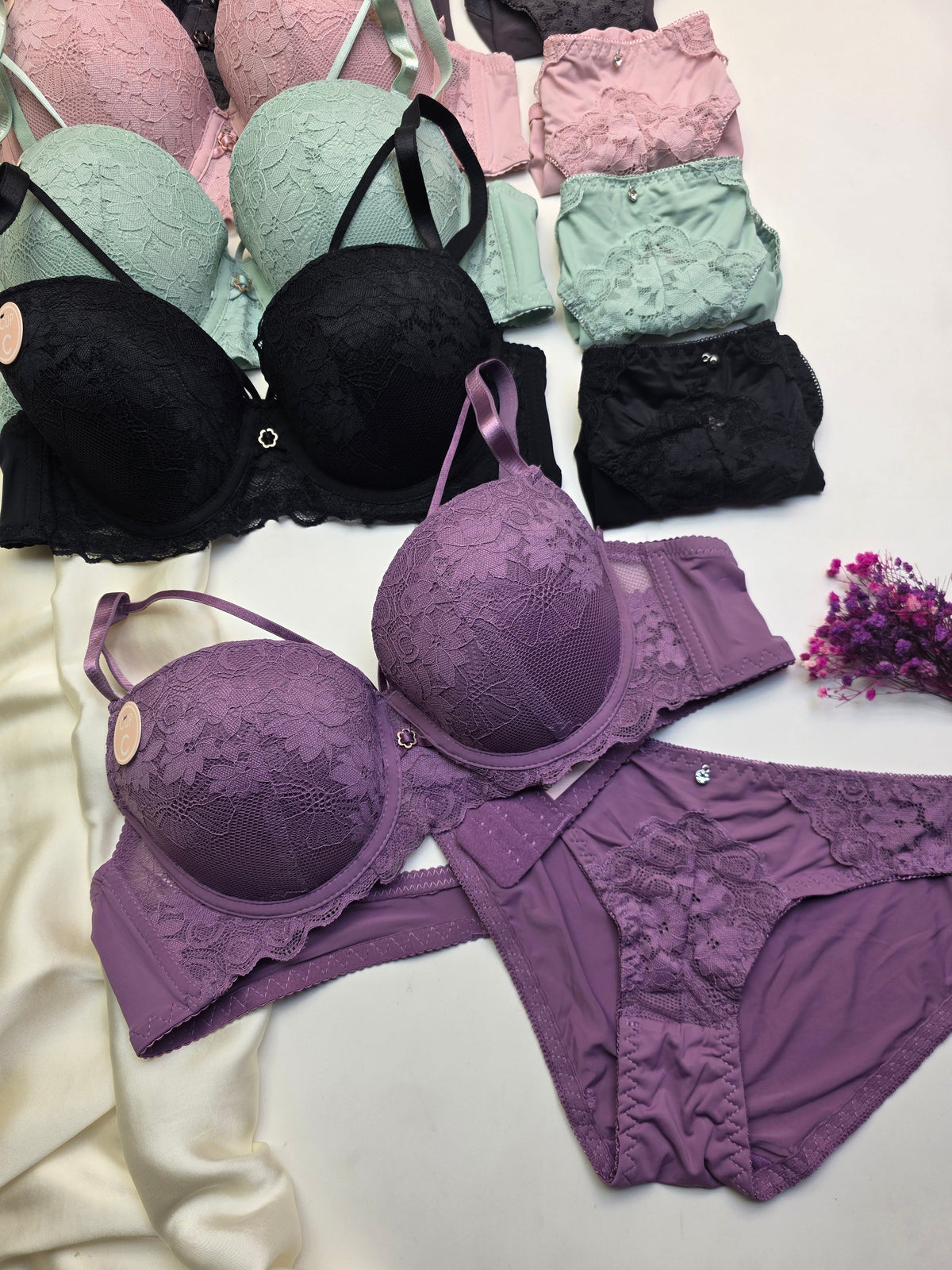 (38-44)C Cup Bridal Lace Pattern Padded Pushup Wire Bra & Matching Underwear(R1)