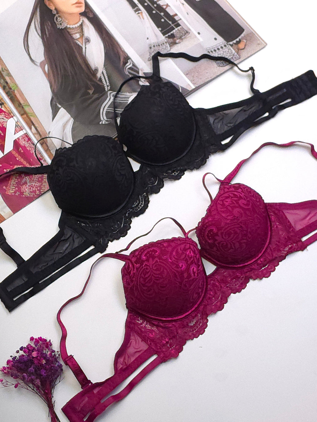 (34-40)B Elegant Double Padded Push-up Lace Bridal Bra 3108(149)*^
