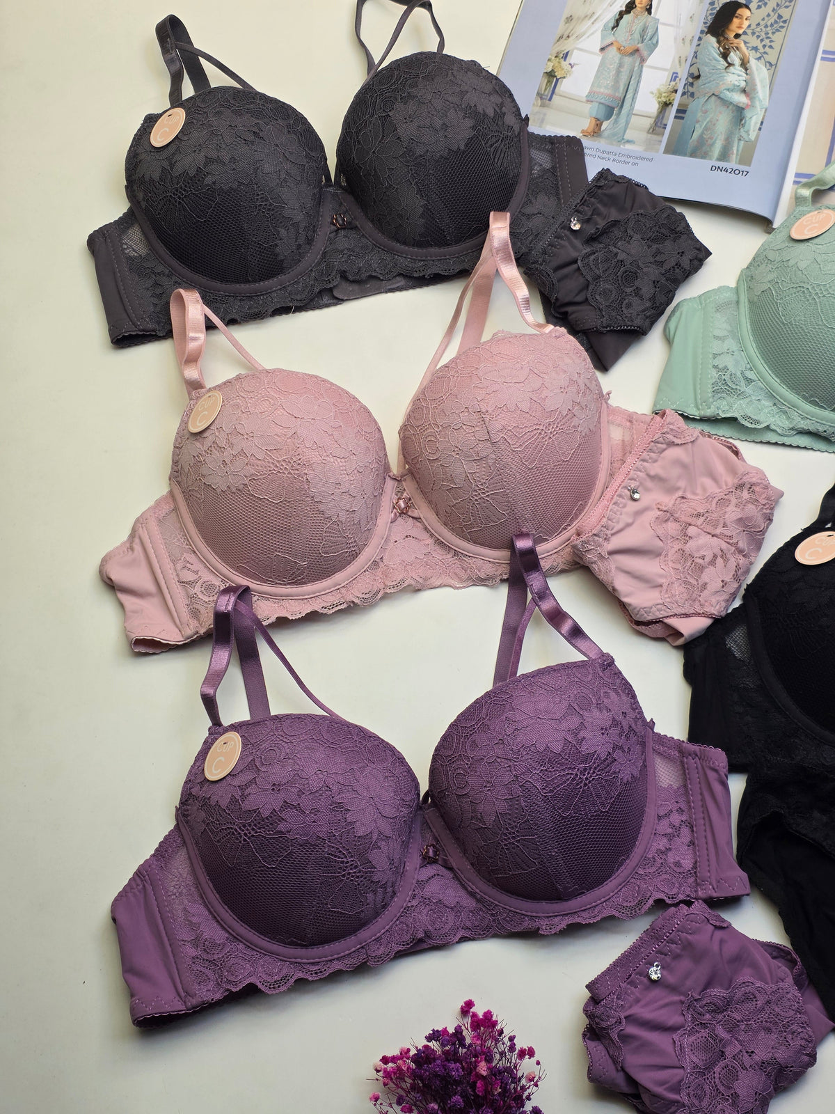 (38-44)C Cup Bridal Lace Pattern Padded Pushup Wire Bra & Matching Underwear(R1)